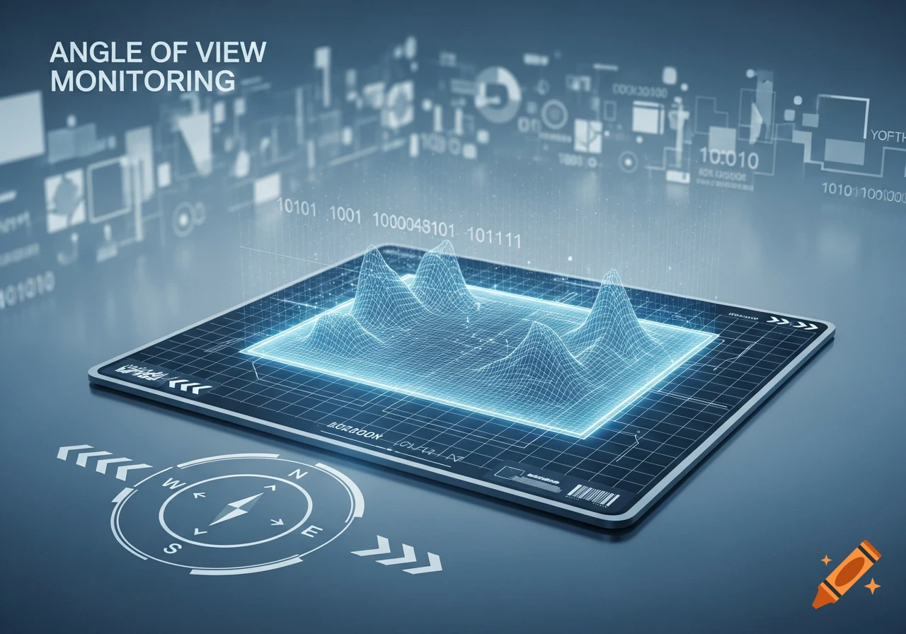 A high-tech image showing a tablet with a 3D wireframe data visualization. The background features glowing digital elements and text.