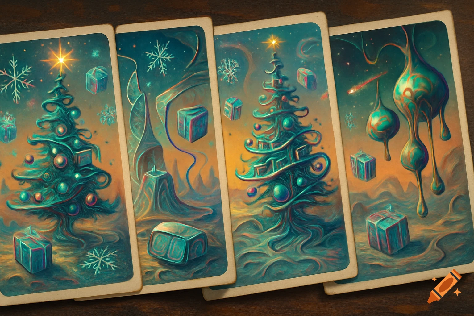 Four surreal, Dali-esque Christmas cards showing melting teal Christmas trees, gifts, and abstract organic shapes on an orange and gold background.