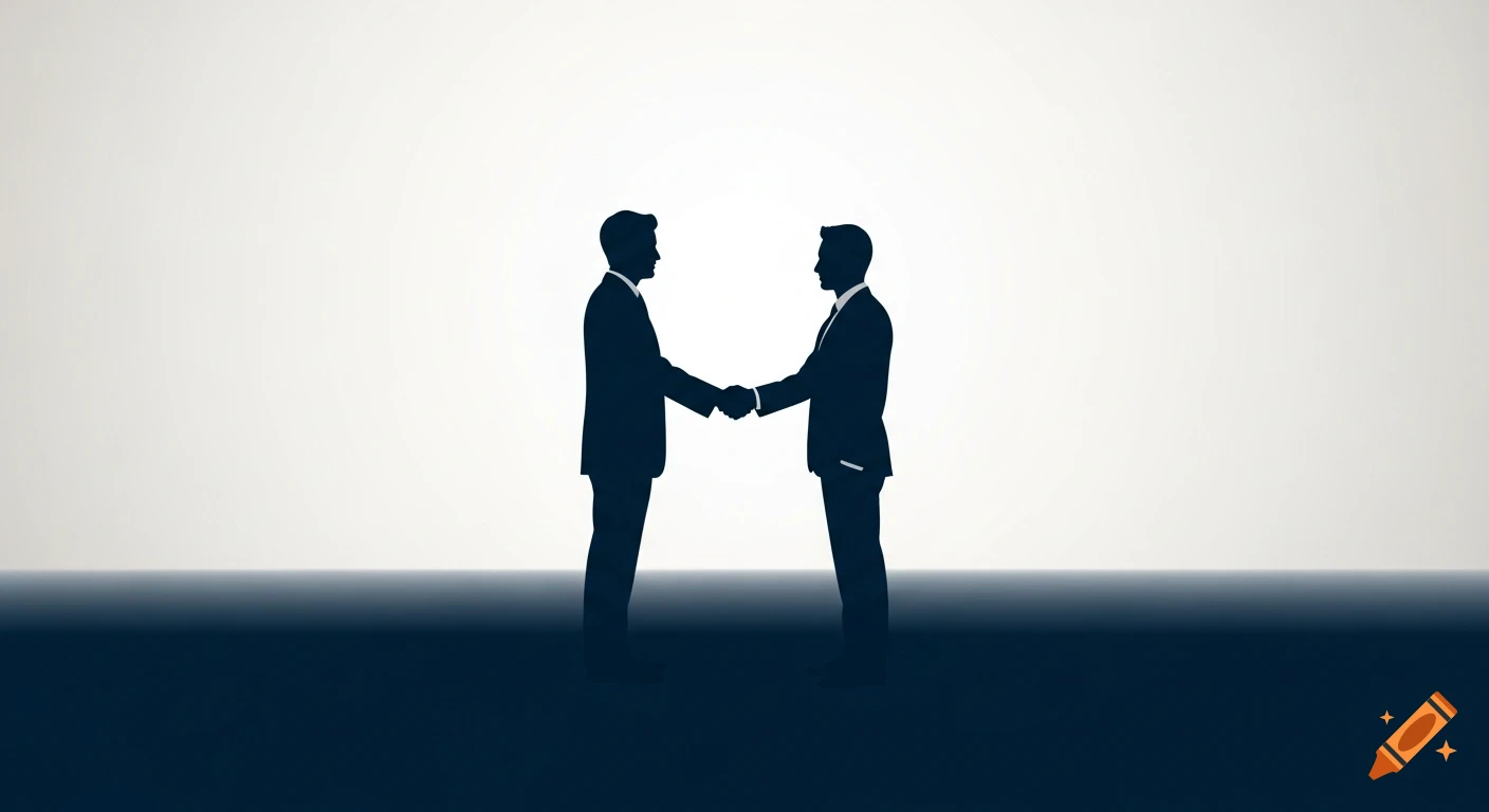 Two business person silhouettes shaking hands against a light background with a dark blue lower half, minimalist style.