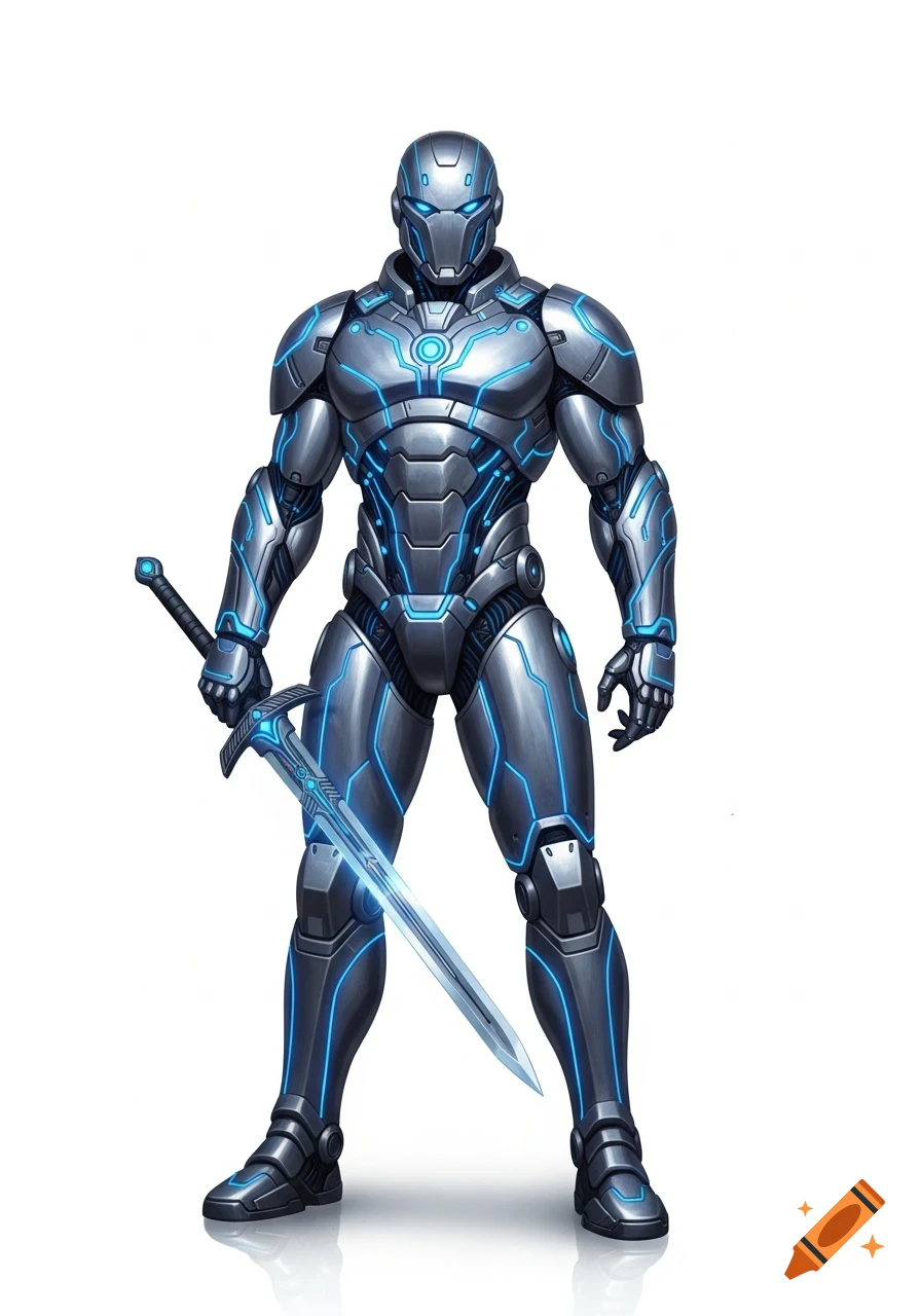 A full-body image of a futuristic warrior in sleek silver and blue armor, holding a glowing blue sword, against a white background.