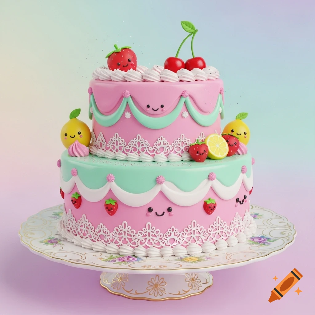 A two-tiered pink and mint green kawaii cake decorated with smiling fruit and intricate white icing on a floral cake stand.