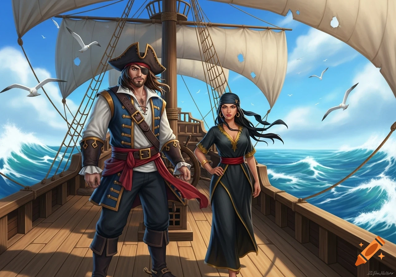 A male and female pirate stand on a ship's deck with sails, seagulls, and rough seas under a sunny sky.
