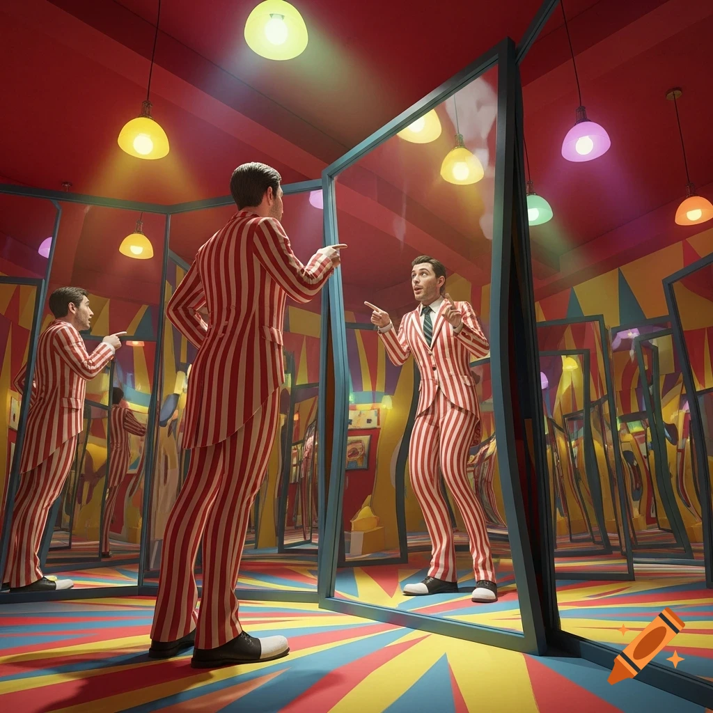 Man in a red and white striped suit pointing at his distorted reflection in a vibrant funhouse mirror maze.