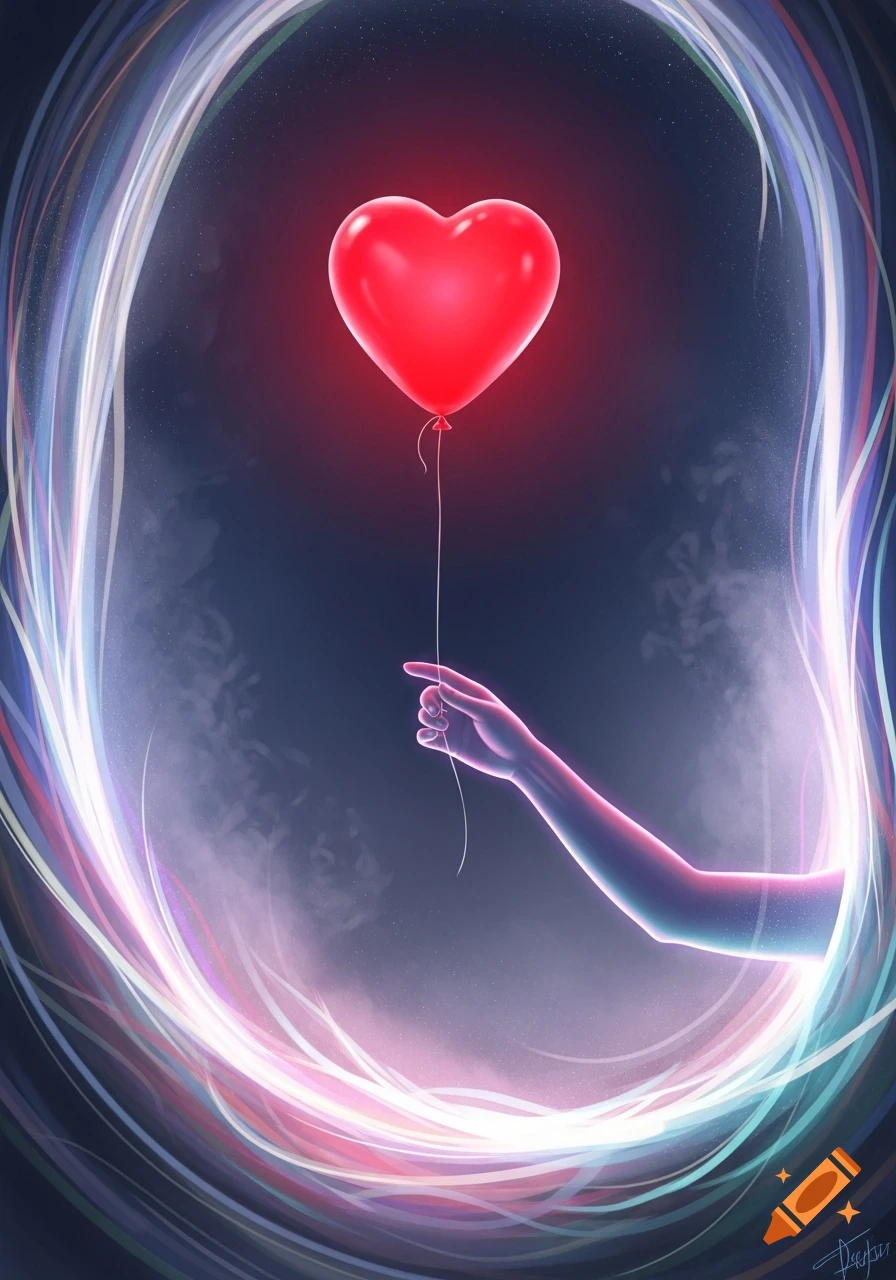 Stylized digital art of a glowing arm holding a red heart balloon emerging from a swirling portal of light.