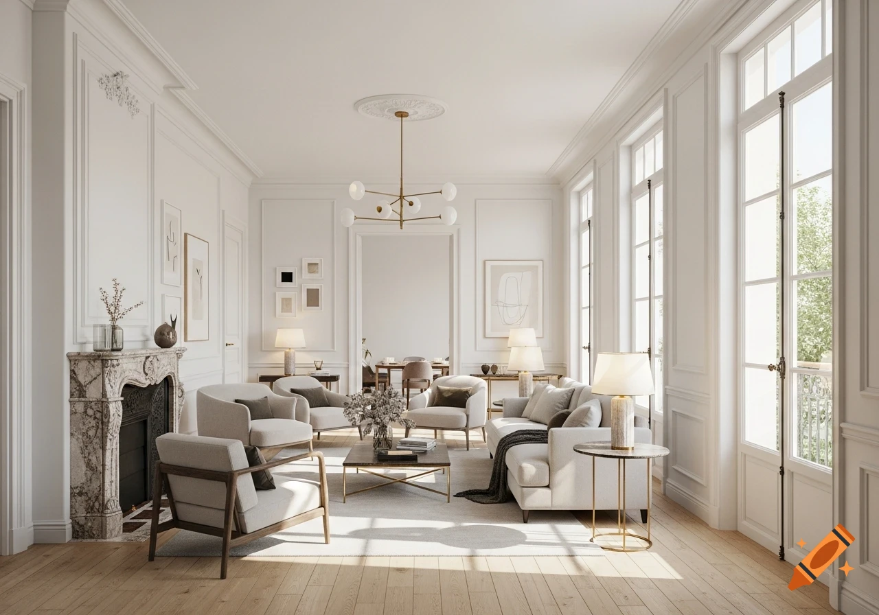 A bright, elegant living room with white walls, a marble fireplace, tall windows, light wood floors, and modern-classic furniture.