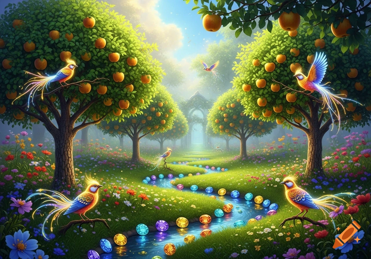 A vibrant fantasy garden with apple trees bearing golden fruit, glowing birds, colorful flowers, and a stream lined with sparkling gemstones.