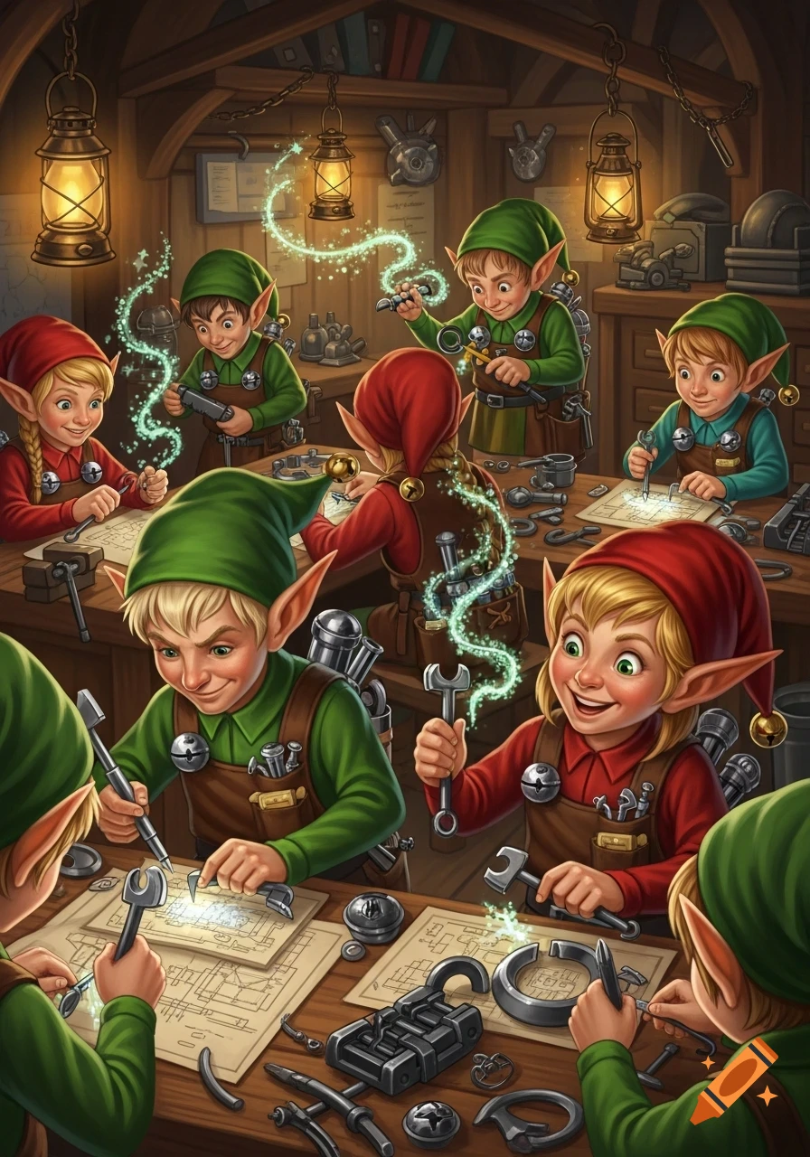 Detailed illustration of a group of elves working with tools and magical sparks in a cozy workshop.