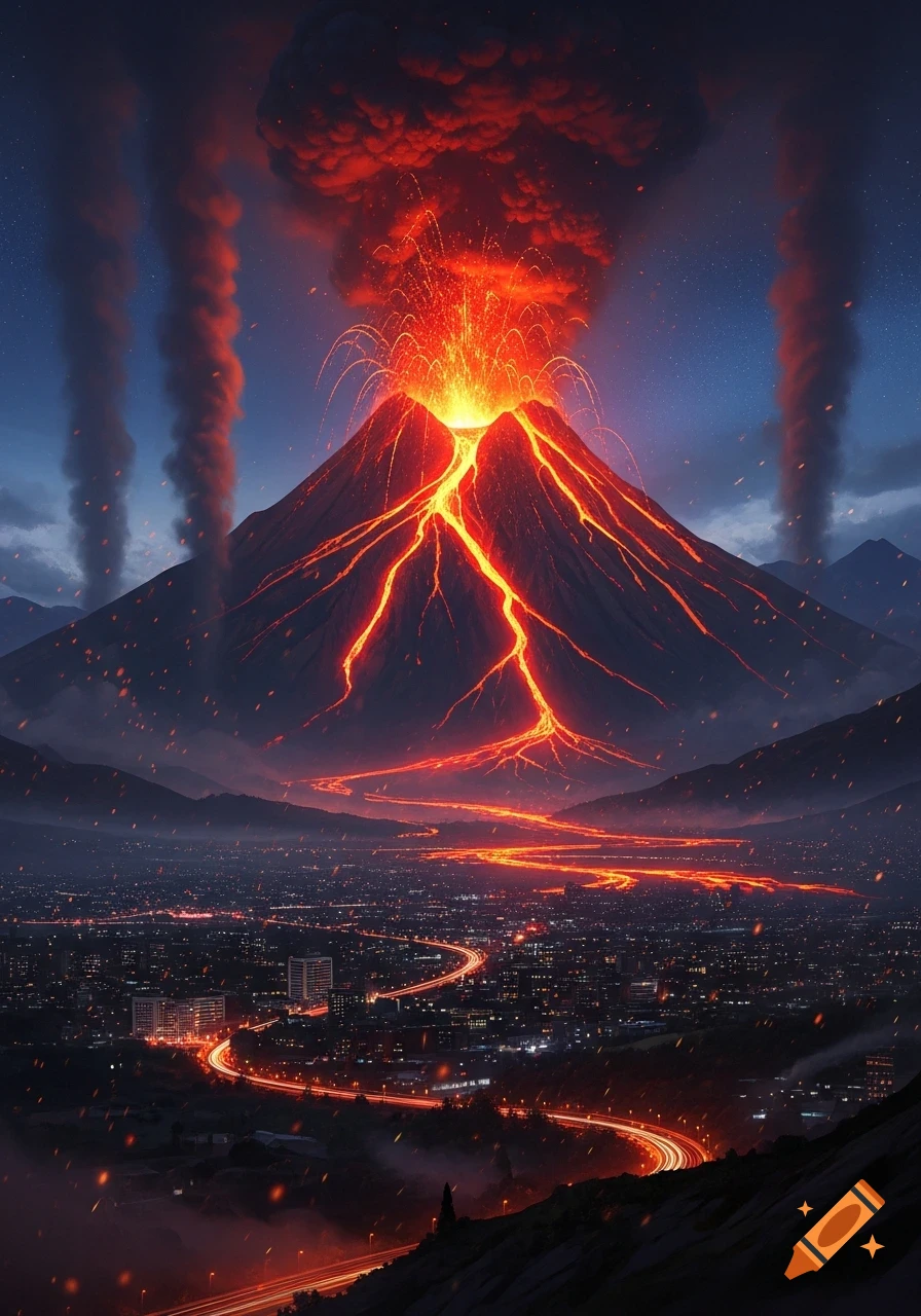 A dramatic night view of a volcano erupting with glowing lava flowing down its slopes towards a vast city illuminated by lights.