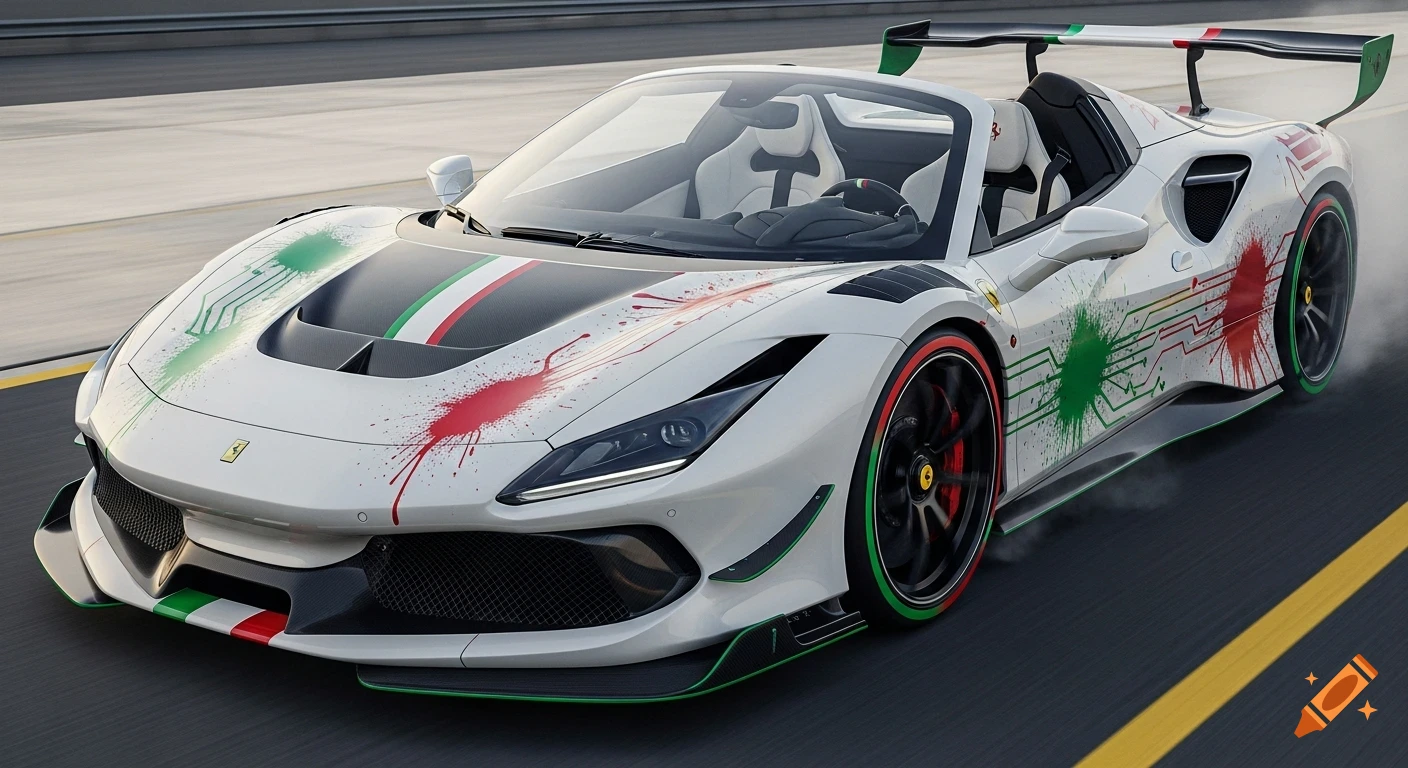 A white Ferrari 296 GTS Spider with Italian flag stripes, green and red paint splatters, circuit board patterns, and a large rear wing, seen on a road with tire smoke.
