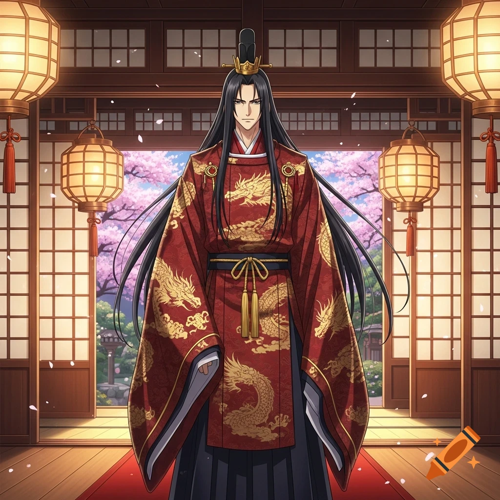 An anime king with long black hair, wearing a red kimono with gold dragons, stands in a traditional Japanese room with lanterns and cherry blossoms outside.