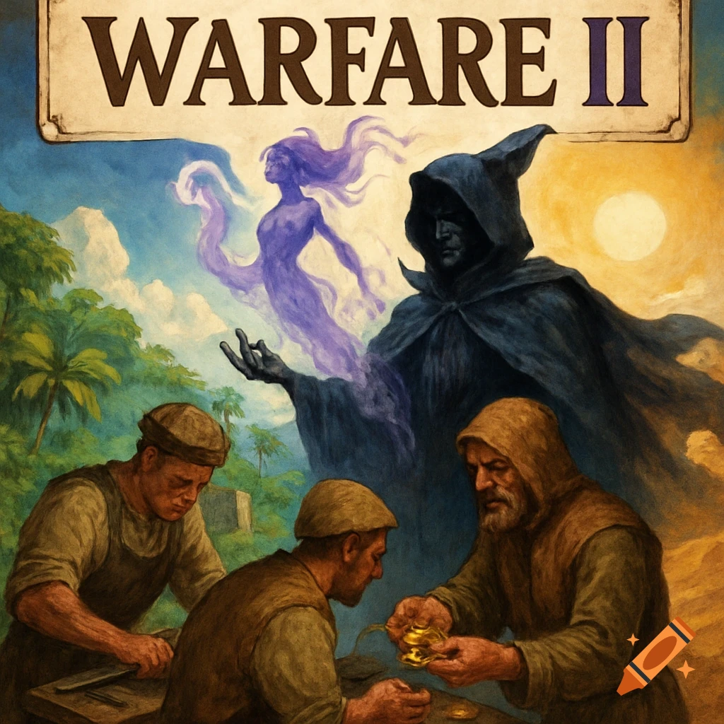 Fantasy illustration of a dark mage summoning a purple spirit over medieval workers counting gold, titled 'WARFARE II'.