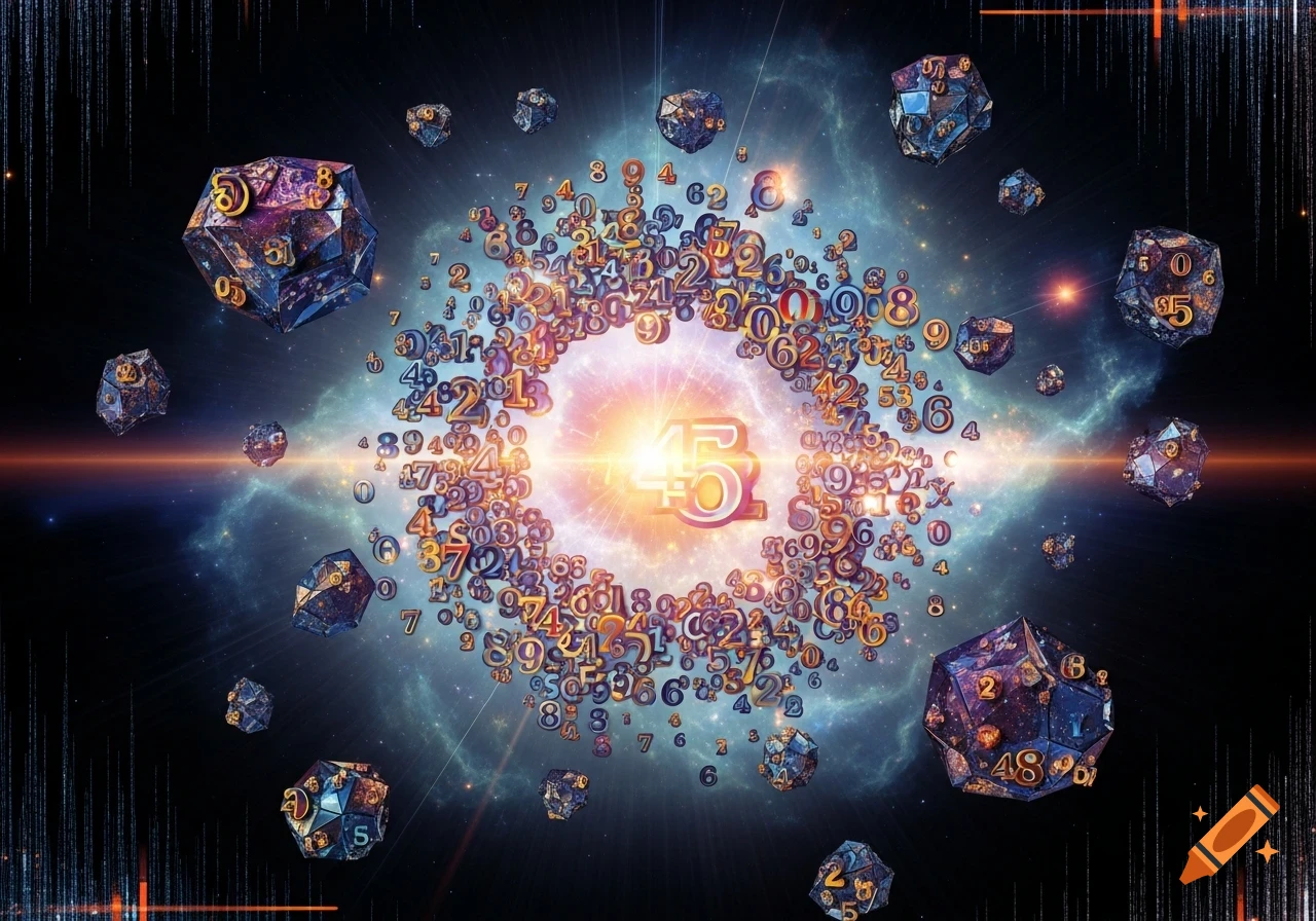 An abstract cosmic scene with glowing numbers and geometric polyhedral shapes floating in space amidst nebulae and light streaks.
