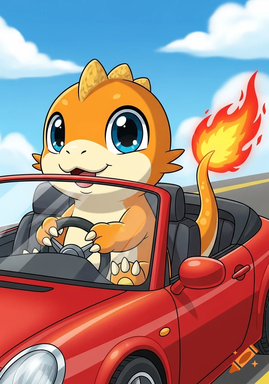 Cute cartoon orange creature resembling Charmander driving a red convertible car on a road under a blue sky.