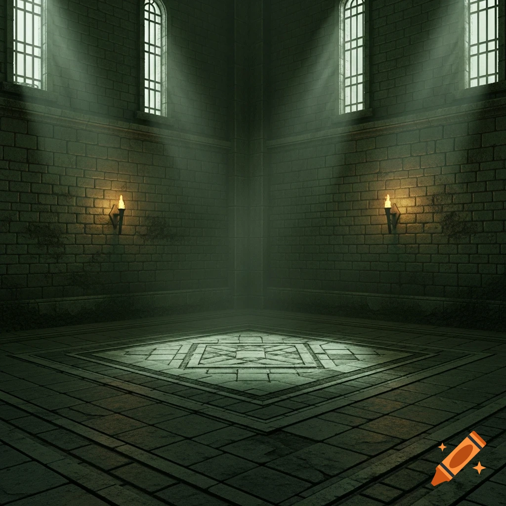 A dark, green-bricked dungeon room with tall windows, torches, and a central patterned stone floor, illuminated by light rays.