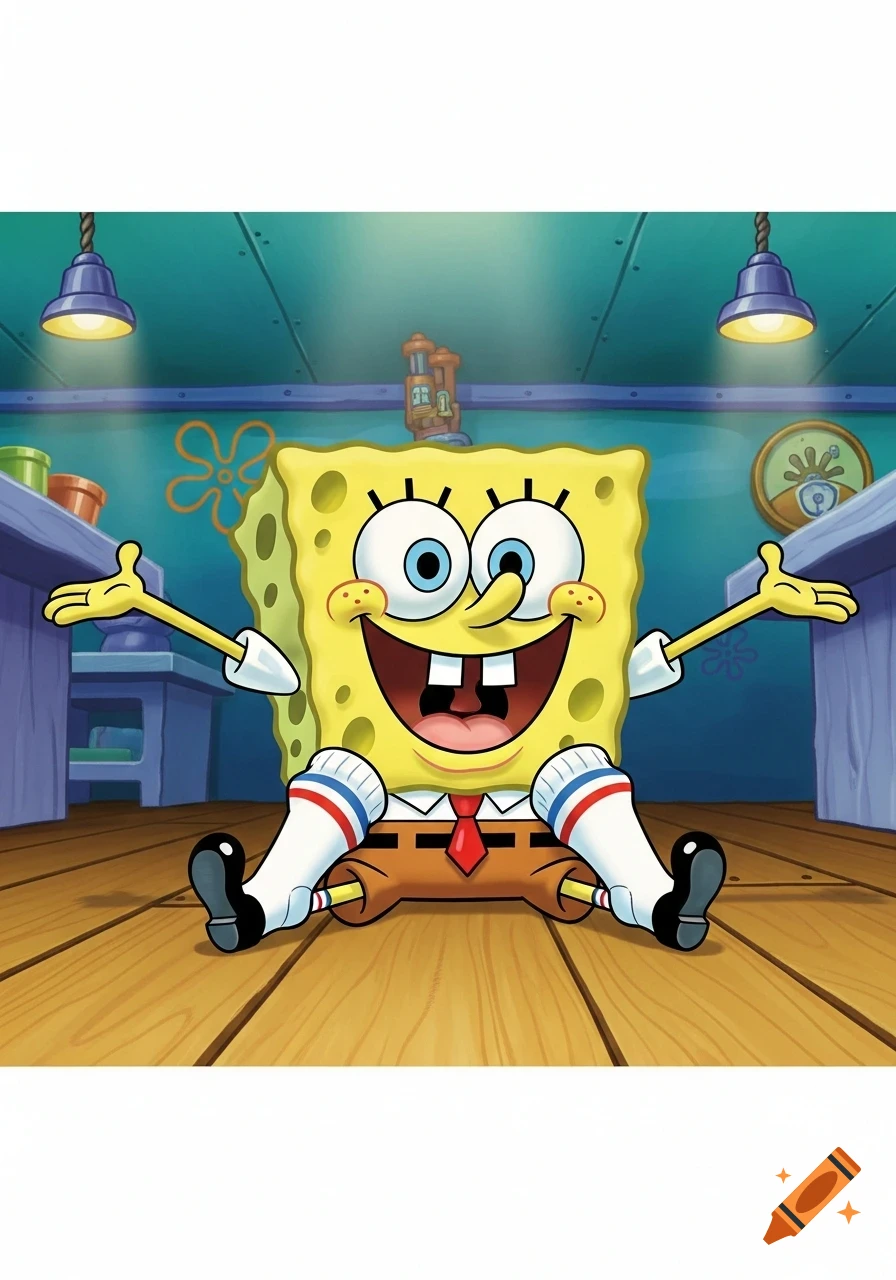SpongeBob SquarePants sits on a wooden floor, smiling broadly with arms out, showing off his striped white socks in a cartoon style.