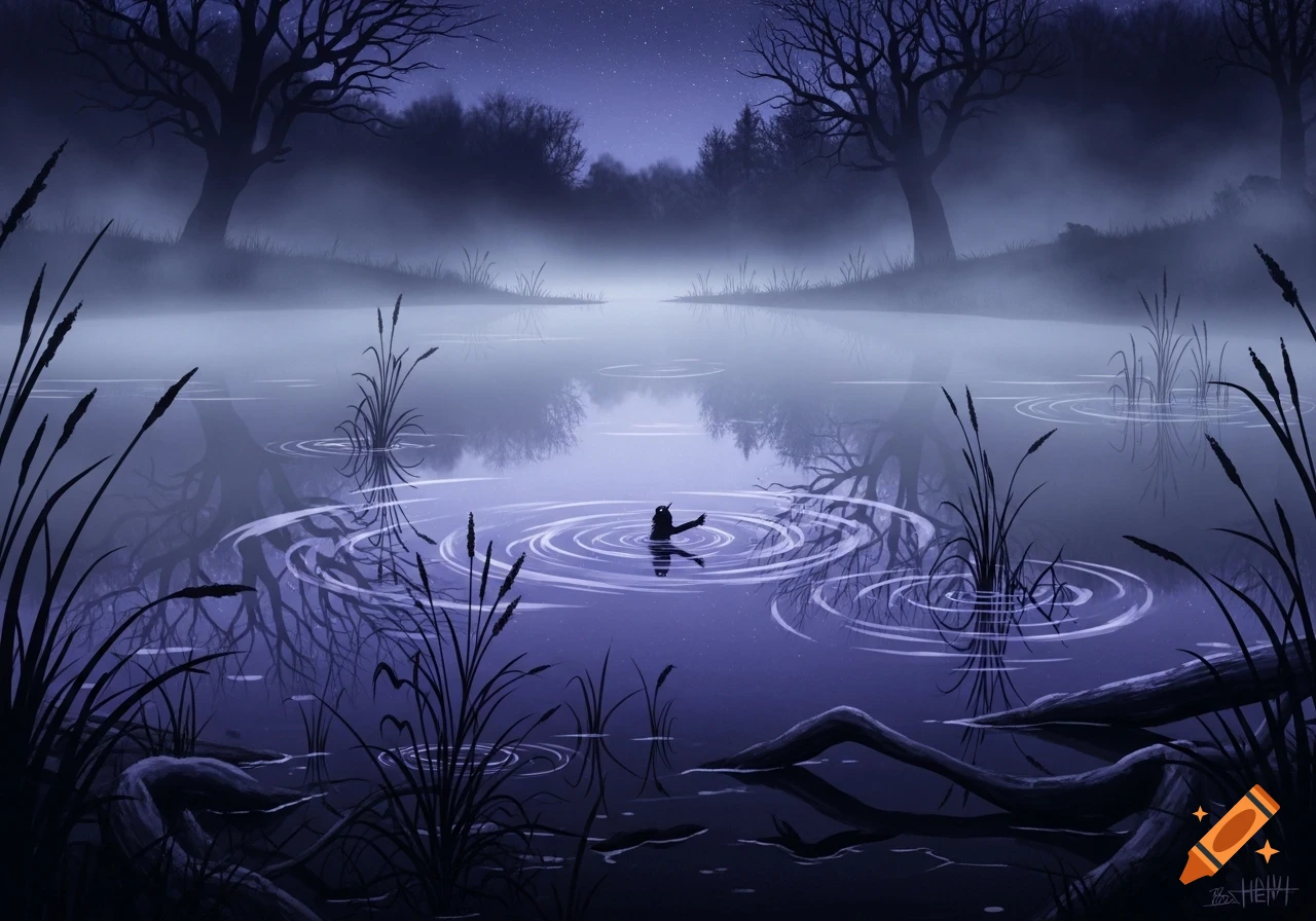 Stylized eerie night landscape featuring a misty purple pond with bare trees and a mysterious figure.