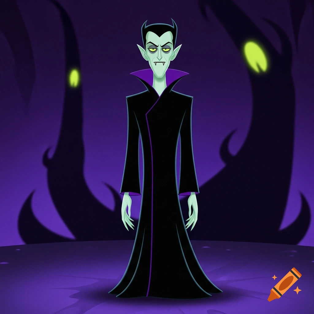 A tall, slender cartoon character with pale green skin, pointy ears, fangs, and spikey black hair wears a long black robe against a dark purple, shadowy background.