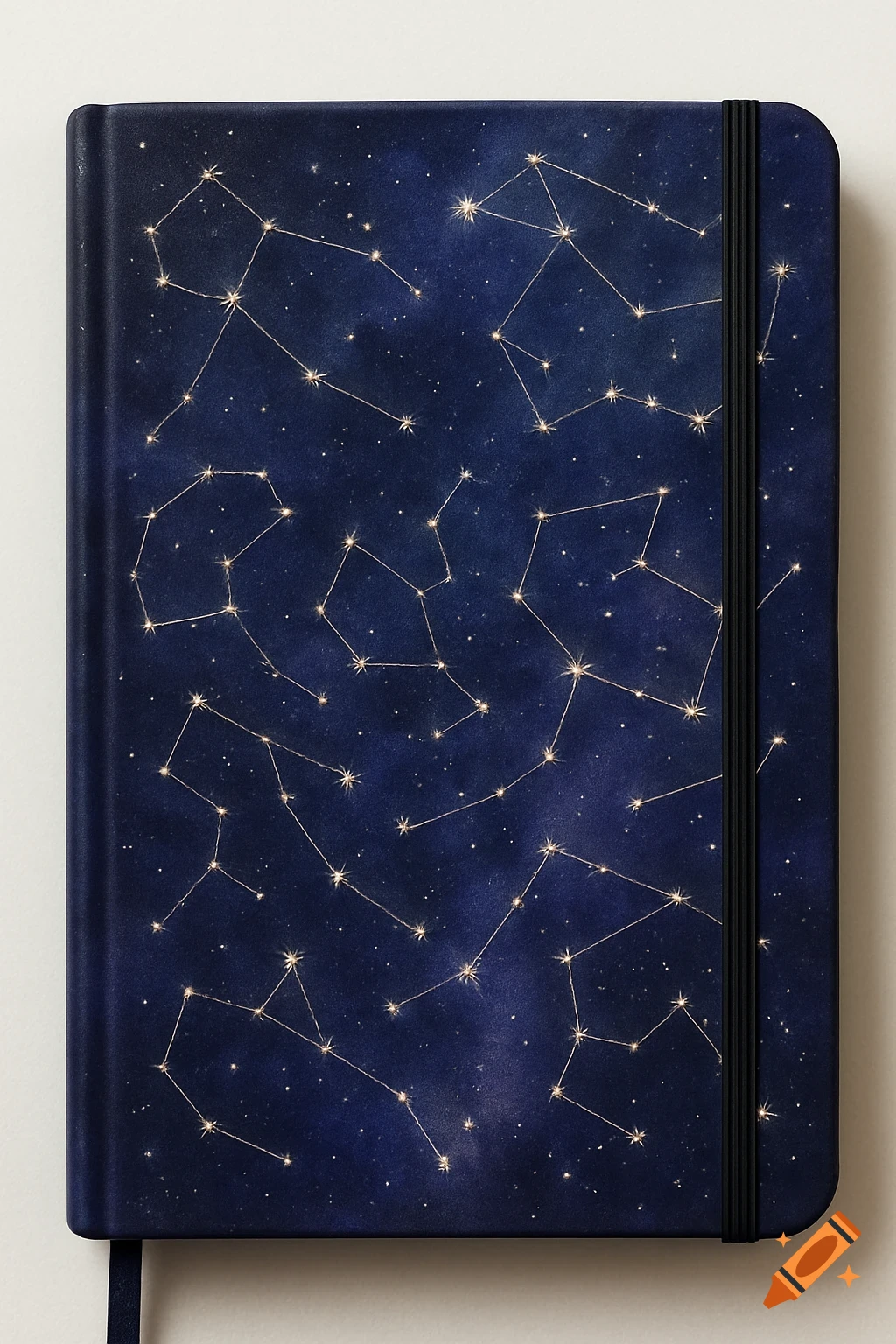 Dark blue notebook cover featuring yellow constellation patterns, tiny white stars, and a black elastic band.