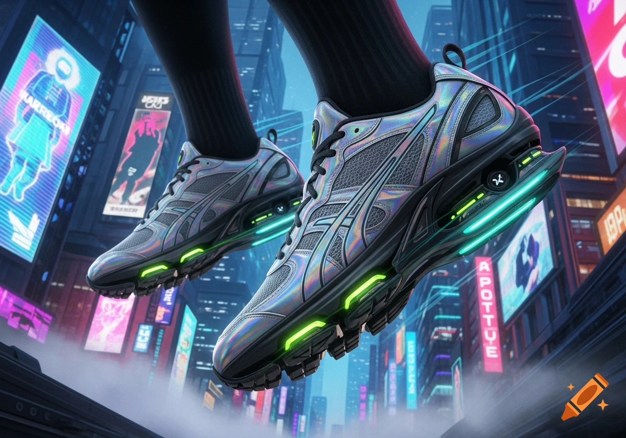 Close-up of holographic, neon green accented futuristic sneakers floating over a cyberpunk city at night.