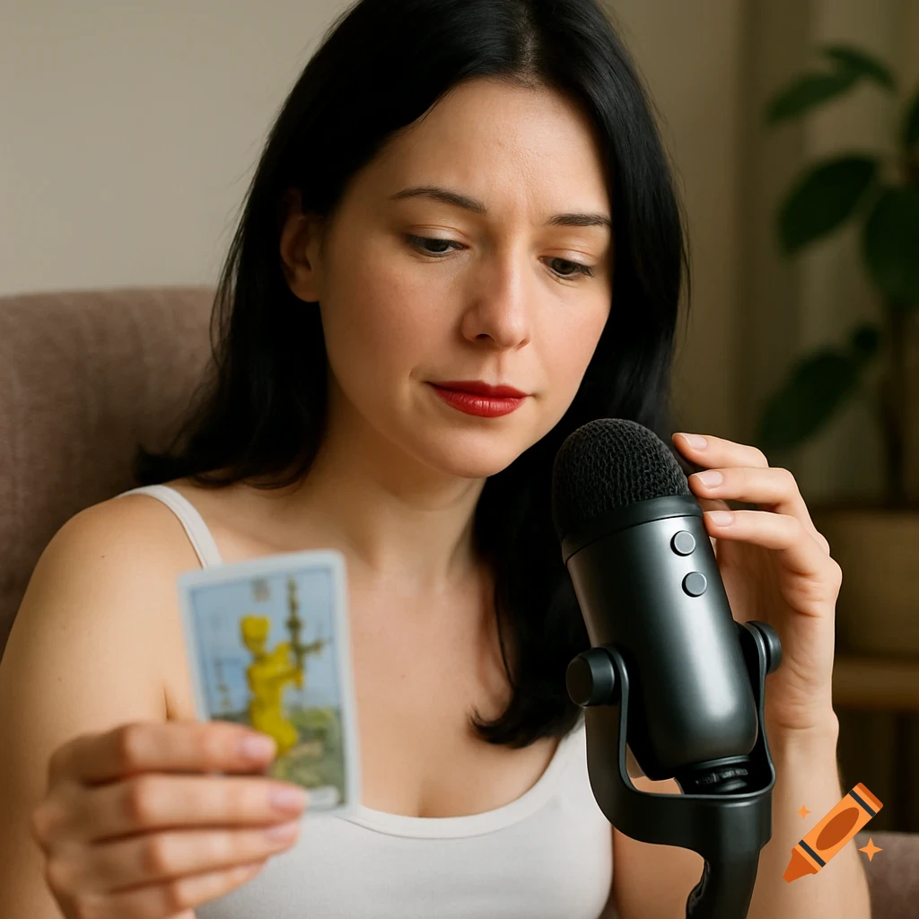 A woman with dark hair and red lipstick holds a tarot card in one hand and touches a microphone with the other, performing ASMR.