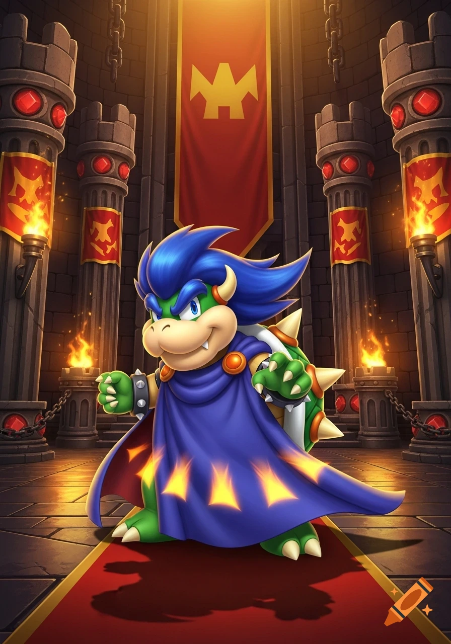 Ludwig von Koopa, with blue spiky hair and a purple cape, stands on a red carpet in a castle throne room with torches. Vibrant digital art.