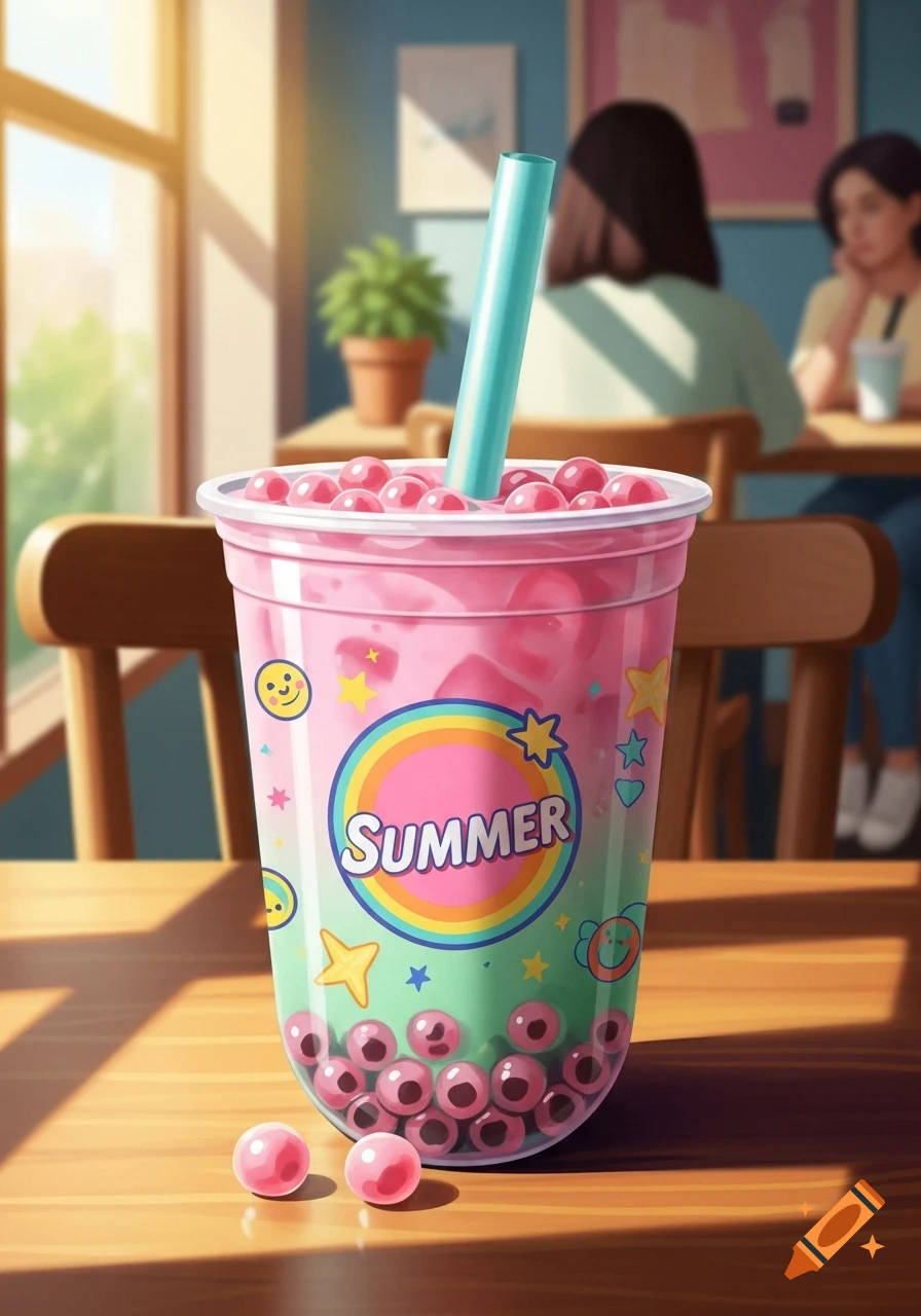 A vibrant, pink boba tea with a 'SUMMER' label and blue straw on a wooden table in a bright cafe, illustrated style.