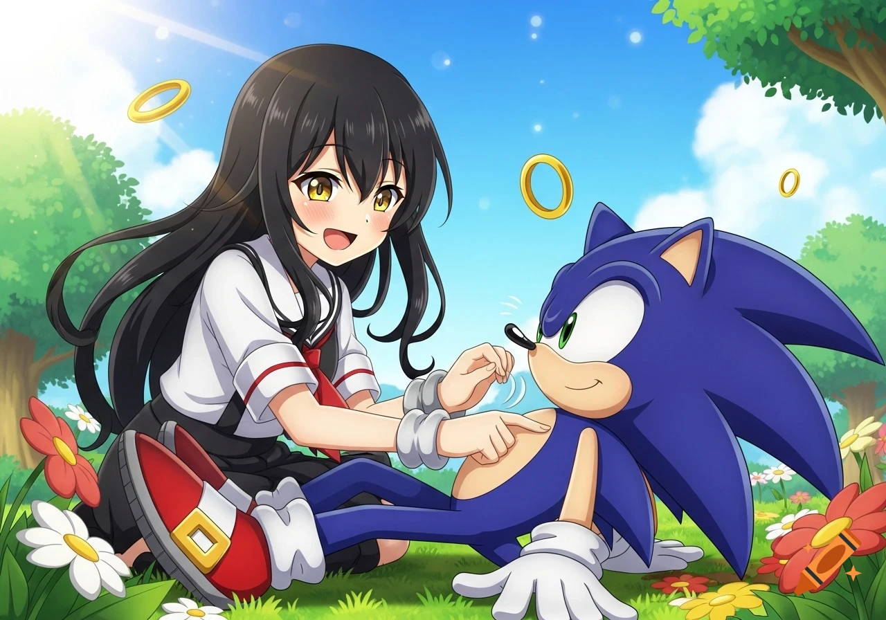 Black-haired anime girl tickles Sonic the Hedgehog's belly in a sunny, grassy field with flowers and floating golden rings, cartoon style.