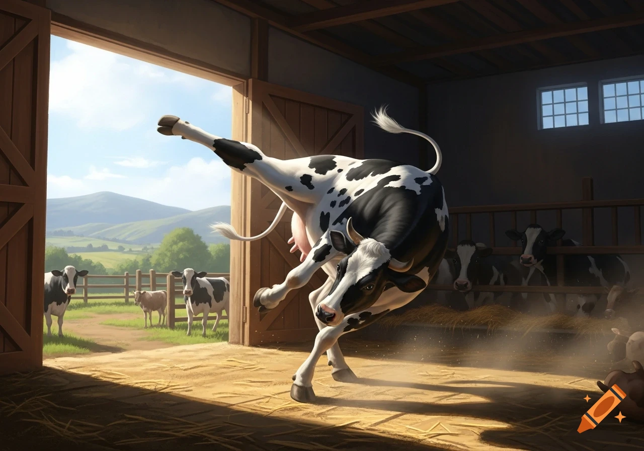 A dynamically posed black and white cow performs a roundhouse kick inside a barn, with a scenic pasture and other cows visible in the background.