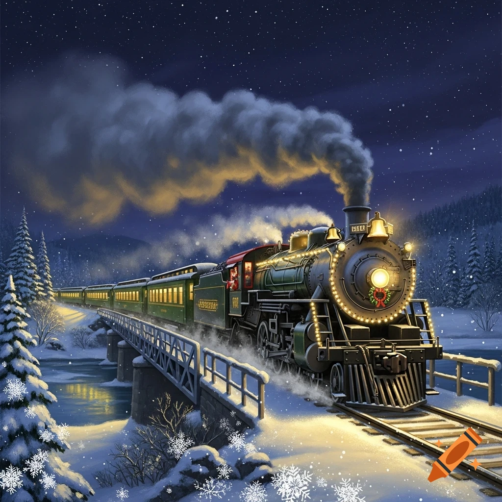 A brightly lit Christmas train with green cars crosses a snowy bridge at night under a starry sky, surrounded by snow-covered pine trees.