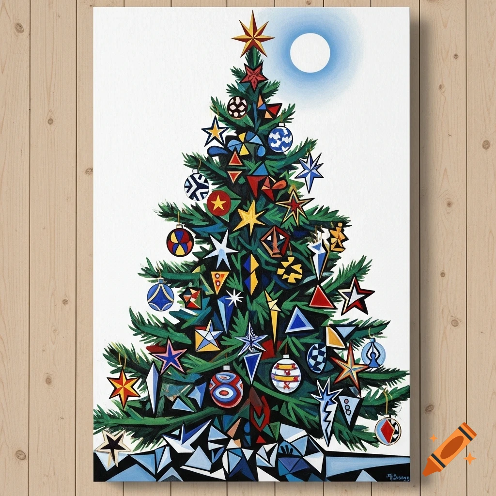 A cubist oil painting of a Christmas tree adorned with colorful geometric stars and ornaments, against a white background with a full moon.