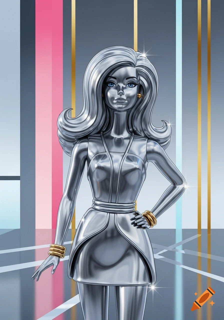 A sleek, metallic silver Barbie doll with blue eyes and gold accessories stands against an abstract background of vertical colored lines.