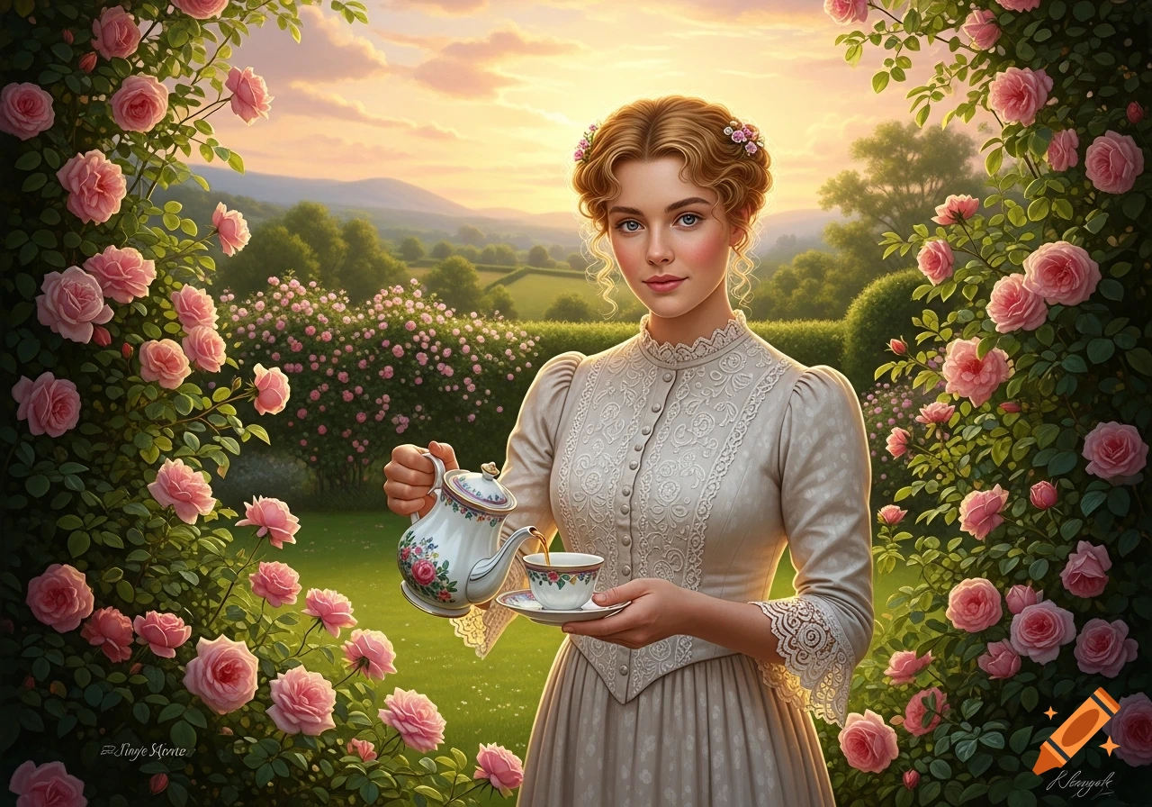 A young woman in a Victorian dress pours tea in a lush rose garden bathed in the warm glow of sunset, in a realistic painting style.