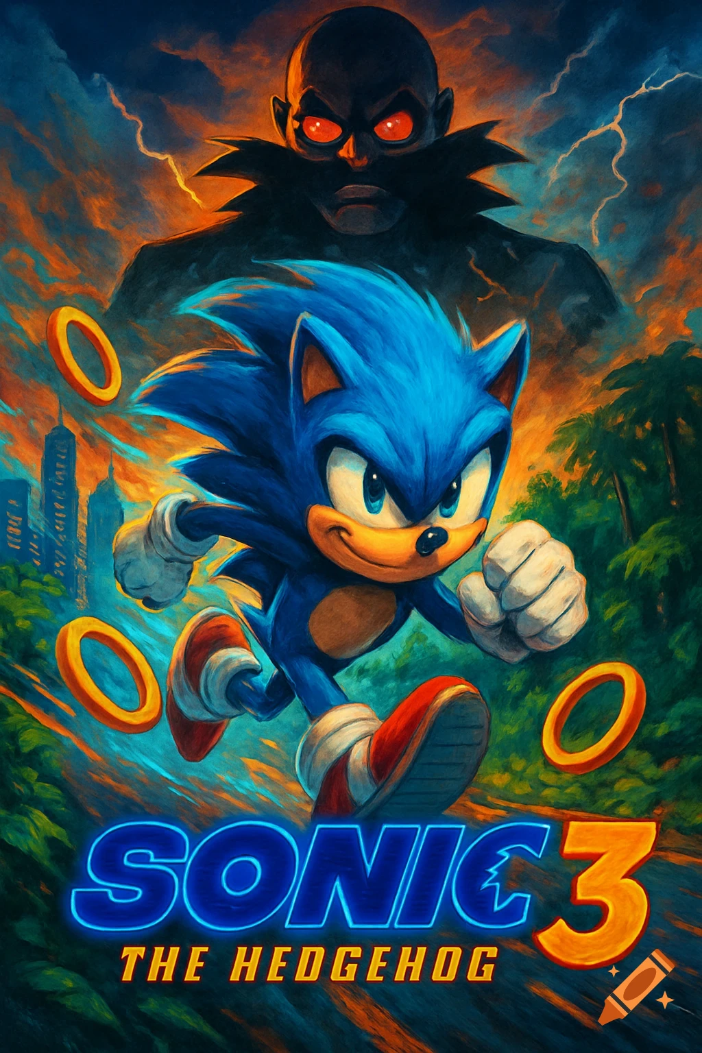 A vibrant movie poster in a painterly style shows Sonic the Hedgehog running forward with Dr. Eggman looming overhead. Text reads 'SONIC 3 THE HEDGEHOG'.