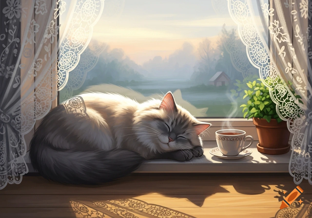 A fluffy cat sleeps curled up on a sunlit windowsill next to a teacup and potted plant, with lace curtains framing a misty landscape.