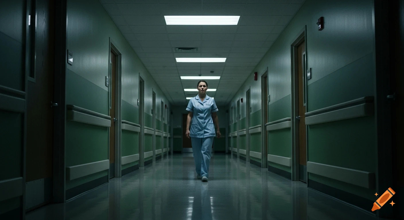 A tired female nurse walks alone down a long, dimly lit hospital corridor under fluorescent lights, creating a moody, photorealistic scene.