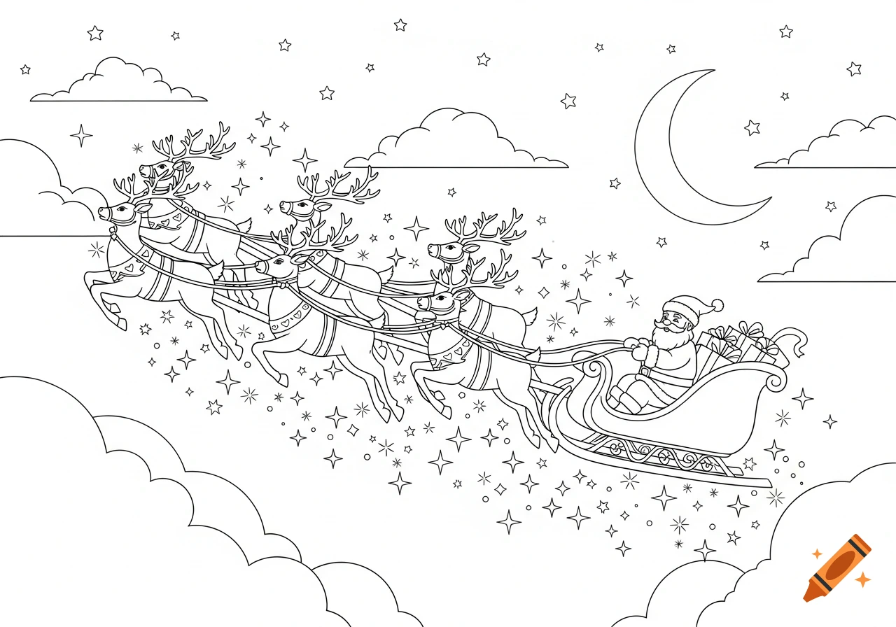 Line art coloring page of Santa Claus flying in a sleigh pulled by six reindeer through a starry night sky with clouds and a crescent moon.