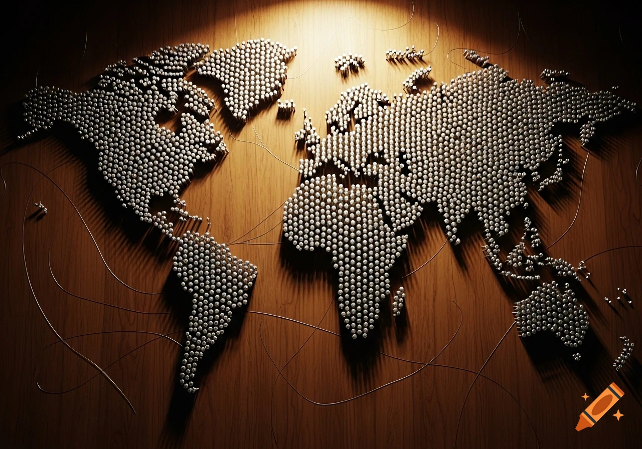 A dramatic 3D render of a world map made of white-headed pins on a warm wooden surface, with thin wires connecting points.