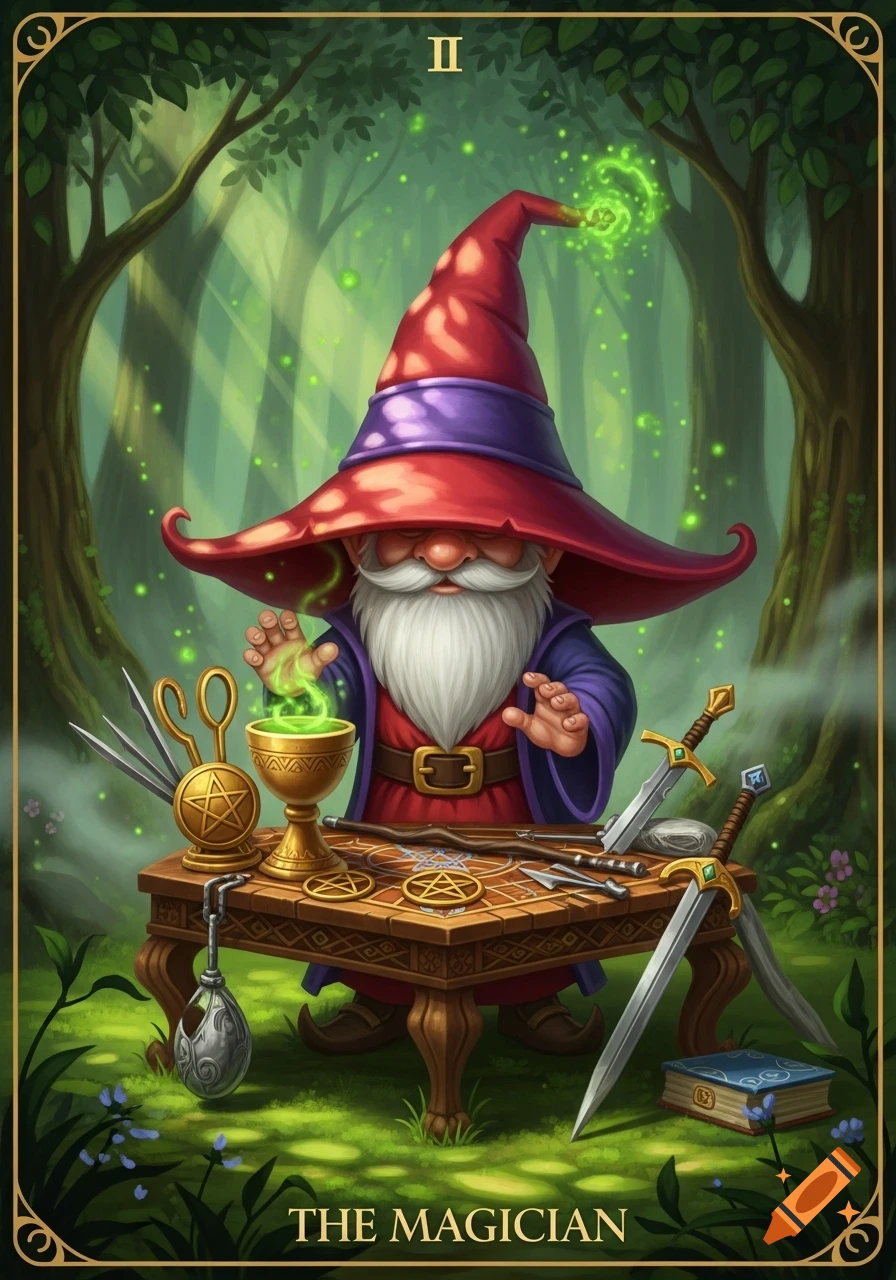 A cartoon gnome magician in a red hat and blue robe casts a spell over a golden cup on a table with tarot tools in a forest.