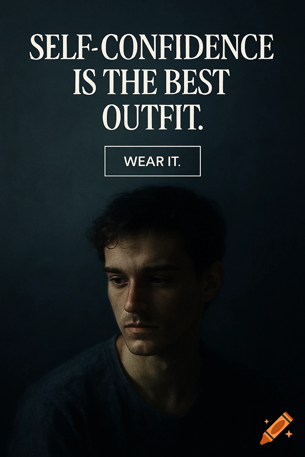A dark, realistic portrait of a man looking down, with the text 'SELF-CONFIDENCE IS THE BEST OUTFIT. WEAR IT.' overhead.