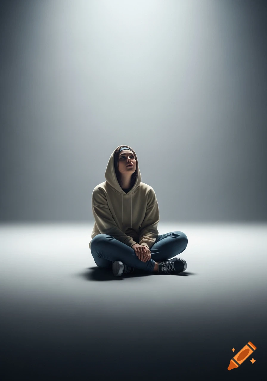A young woman in a hoodie sits cross-legged in a brightly lit, empty gray room, looking upwards thoughtfully.