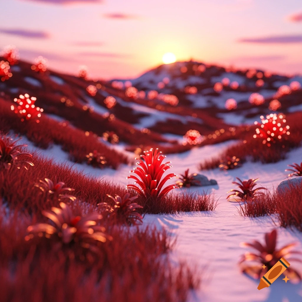An alien landscape with vibrant red glowing plants and grass on white ground, under a pink and orange sunset sky, rendered with a tilt-shift focus.