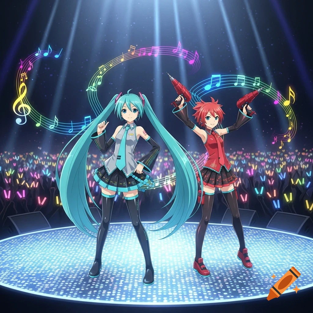 Anime characters Hatsune Miku and Kasane Teto perform on a stage with musical notes and lights.