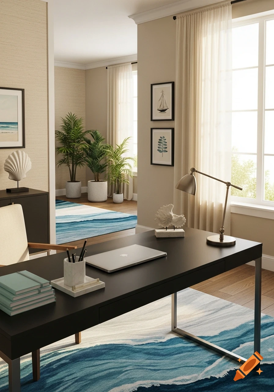 A stylish home office with a black desk, laptop, task lamp, and coastal decor. A blue wave rug covers the floor.