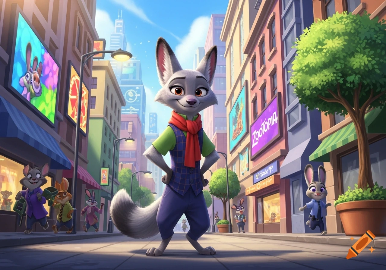 A grey fox in a vest and red scarf stands in the middle of a vibrant animated city street with other animal characters and buildings.