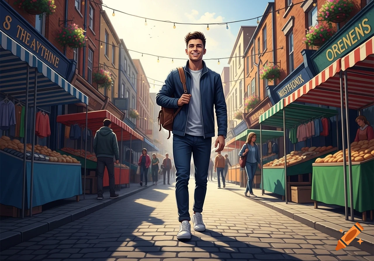 A young man walks forward on a cobblestone market street lined with stalls and brick buildings under a bright sky.
