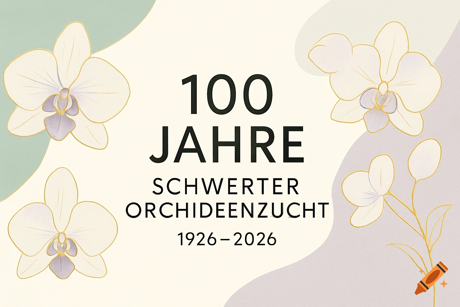 Modern anniversary banner for Schwerter Orchideenzucht with white and purple orchids and text '100 Jahre Schwerter Orchideenzucht 1926 2026'.