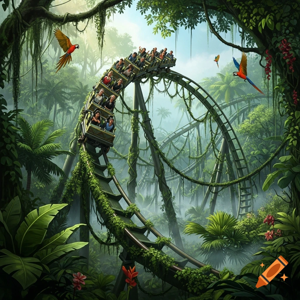 A thrilling roller coaster winds through a dense, overgrown jungle with lush foliage and colorful parrots flying around, under a bright sky.