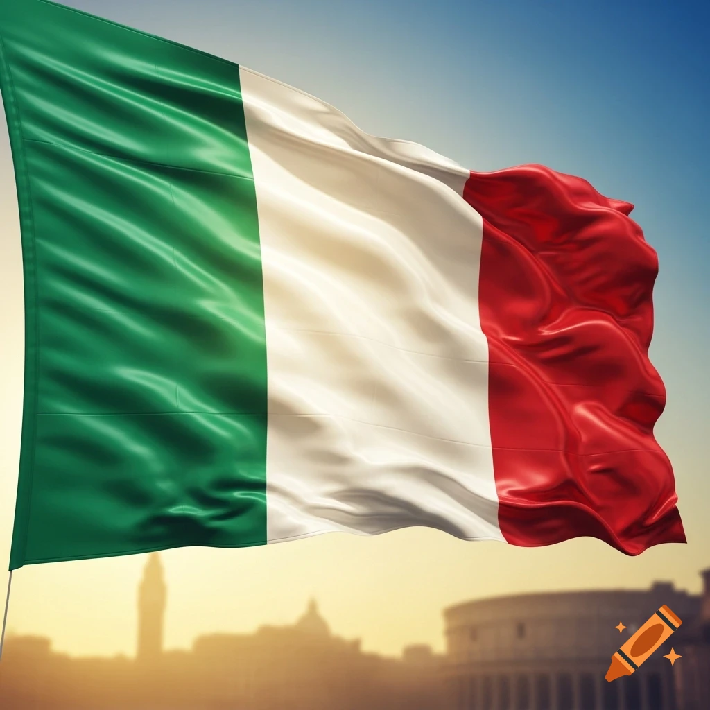 Photorealistic image of a vibrant Italian flag waving against a warm-toned sky, with blurred Roman landmarks in the background.