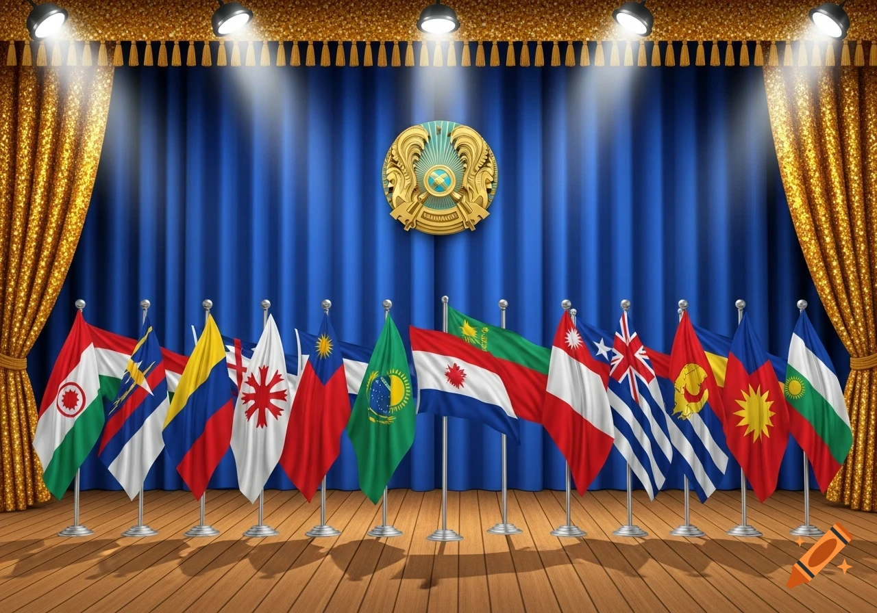 A stage with blue curtains and golden drapes, illuminated by spotlights, showcasing a line of diverse flags with a golden emblem in the center.
