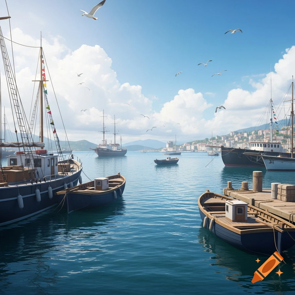 Photorealistic image of a sunny harbor with various boats docked, a coastal town in the background, and seagulls flying overhead.